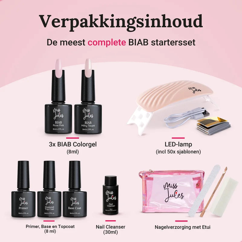 Miss Jules - BIAB Starter Pakket Milky Taupe, Rose Pink, Verpakkingsinhoud